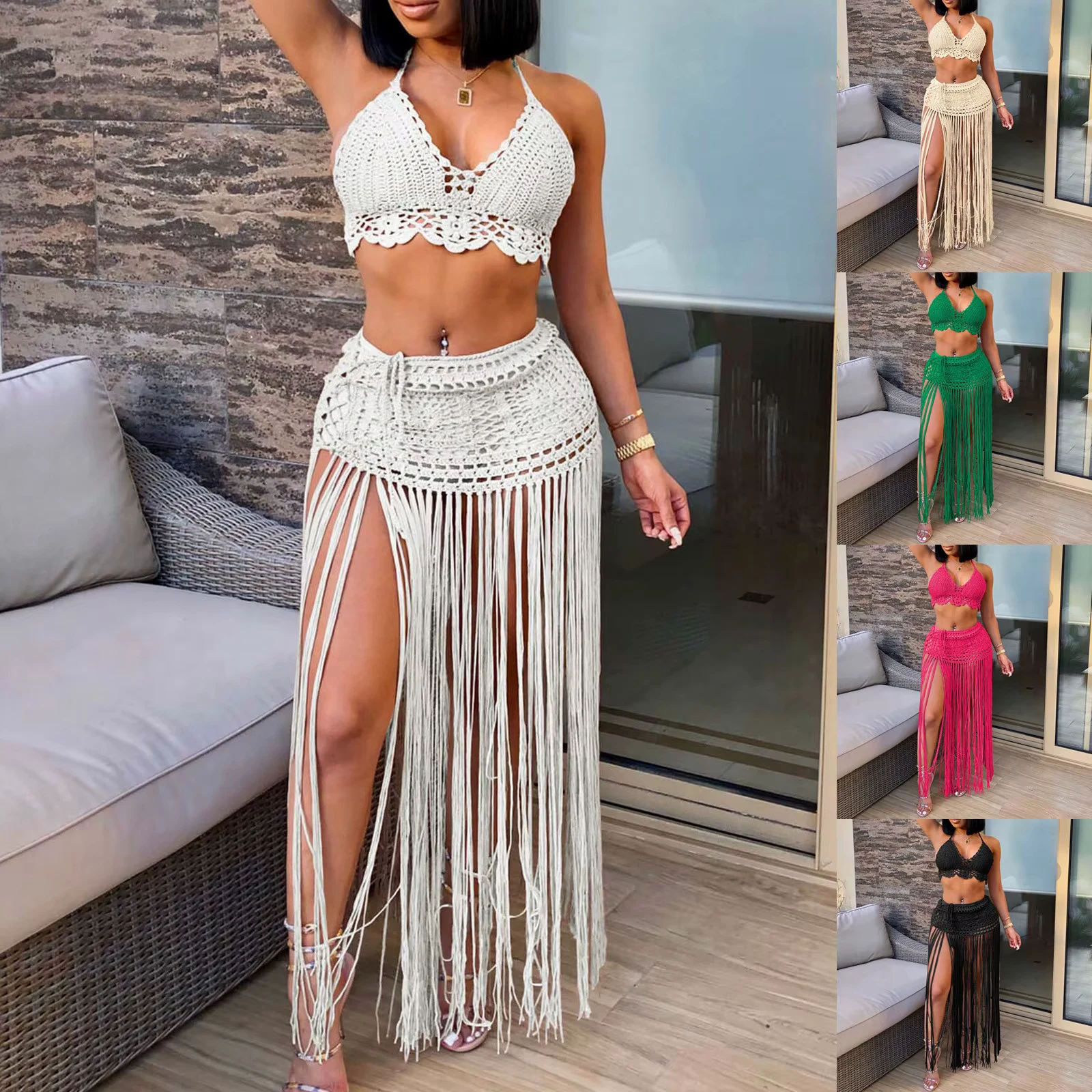 Women's Swimsuit Bikini Top And Tassel Beach Skirt Two Piece Suit Solid Crochet Knitted Hollow Out Cover Ups Dress Bathing Suit