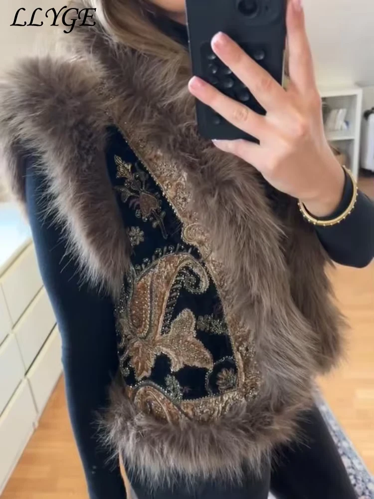 Street Women's Embroidery Fur Patchwork Vests Stand Collar Sleeveless Female Waistcoats 2026 Spring Lady Chic Party Furry Tops