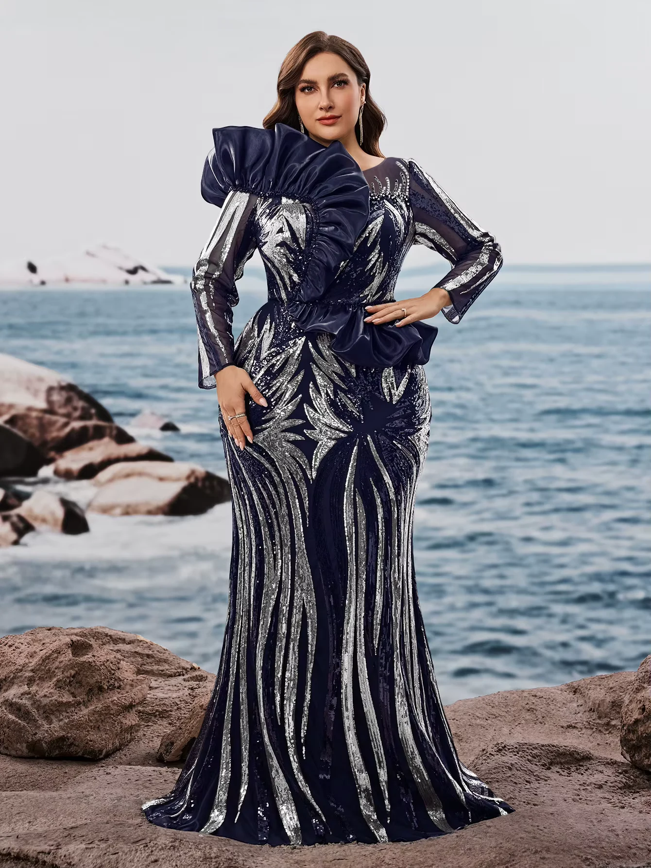 Plus Size Long-Sleeve Sequin Ruffle Evening Gown