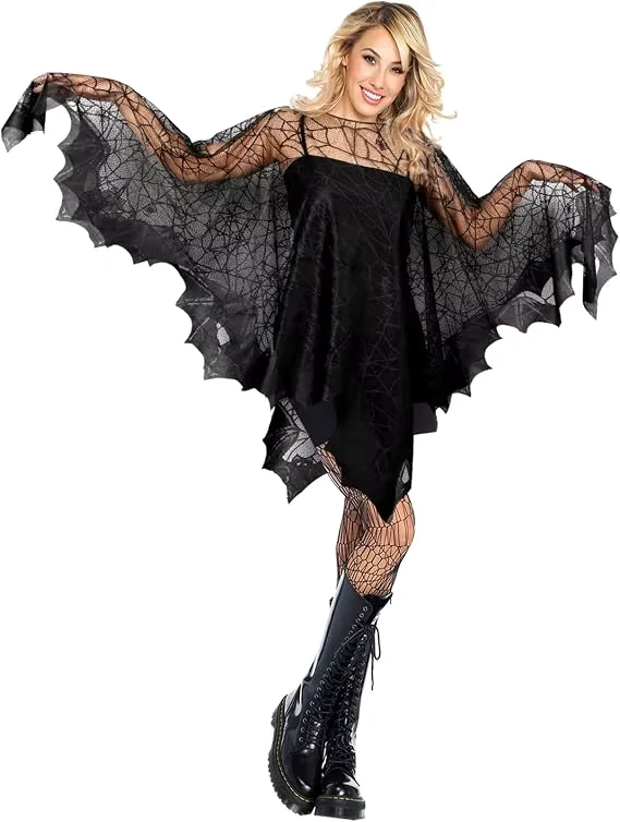 Spooky Womens Halloween Costumes, Bat-shaped Edges, Machine Washable, Day of the Dead Shawl for Cosplay Party