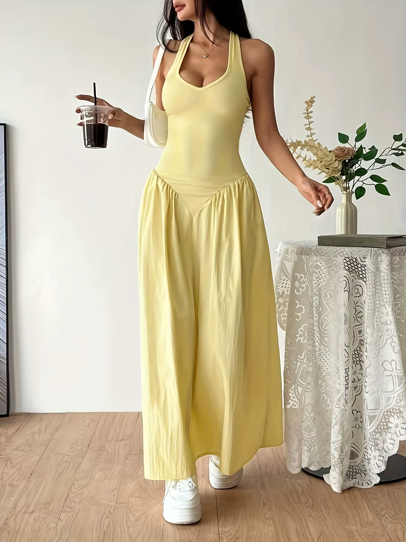 2026Women Yellow Halter Neck Maxi Dress Sleeveless V-Neck Backless A-Line Long Dress Casual Summer Elegant Beach Party Dresses