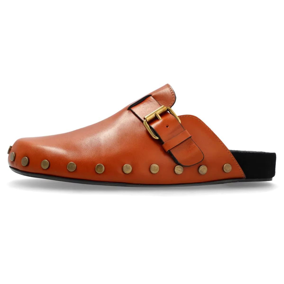 New Women Studded Leather Mule Clogs Adjustable Gold Buckle Strap Round Toe Slip On Backless Slide Flats Retro Street