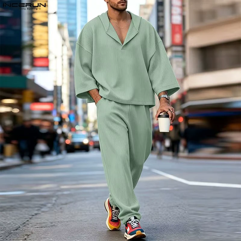 INCERUN Men Sets Solid Color Hooded 3/4 Sleeve Hoodies Pants Two Piece Sets Streetwear Loose Casual Men Matching Sets Tracksuits