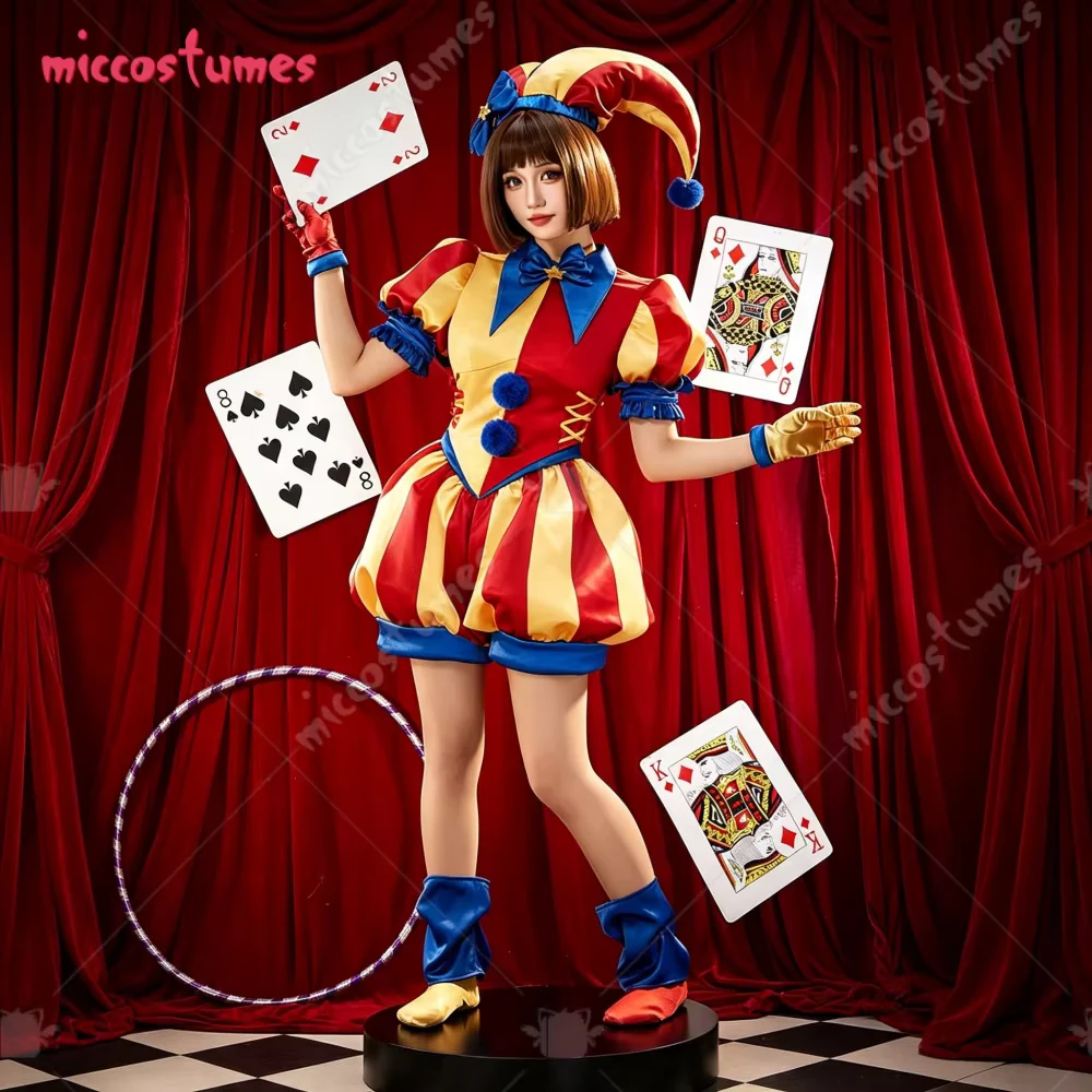 【US Stock】Cosplay.fm Women's Clown Girl Cosplay Costume for Halloween Two-tone Bodysuit and Hat with Gloves and Socks