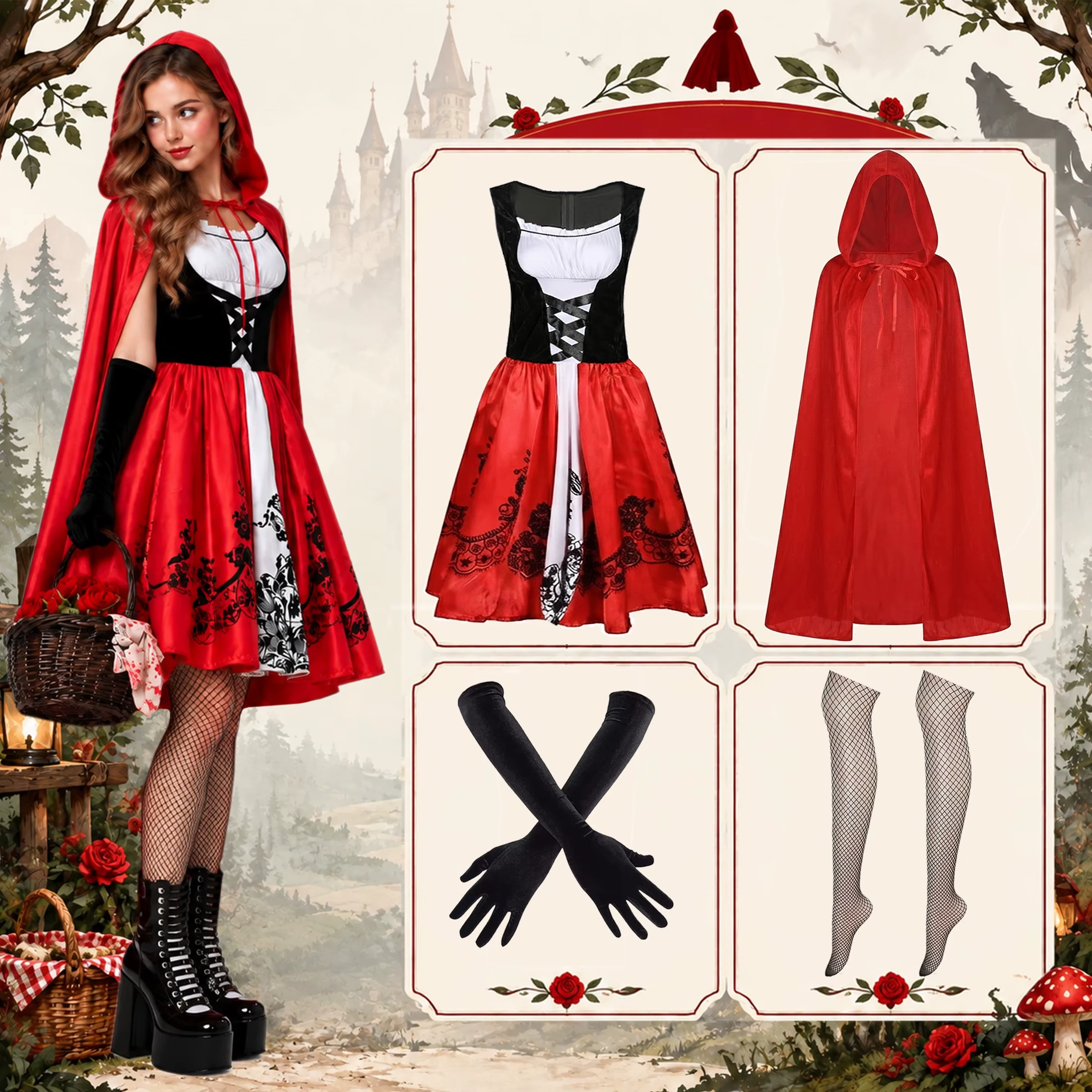 The New Little Red Riding Hood Cape Dress Outfit Includes A Skirt, A Red Hooded Cape, Gloves And Pantyhose. It Is Suitable For Halloween Cosplay Costumes, Adult Role-Playing, Stage Performances, Costume Parties, And Playful Outfits For Parties.