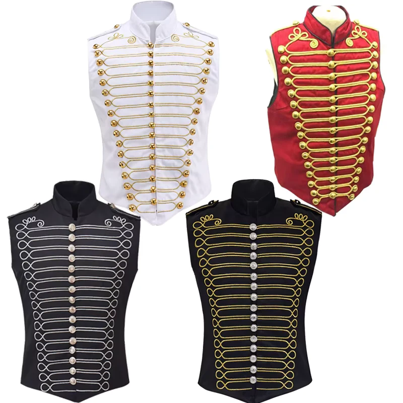 Men Medieval Vest Cosplay Rock Band Red Suede Jacket Punk Military Drummer Sleeveless Parade Vest Soldier Drummer Stage Costume