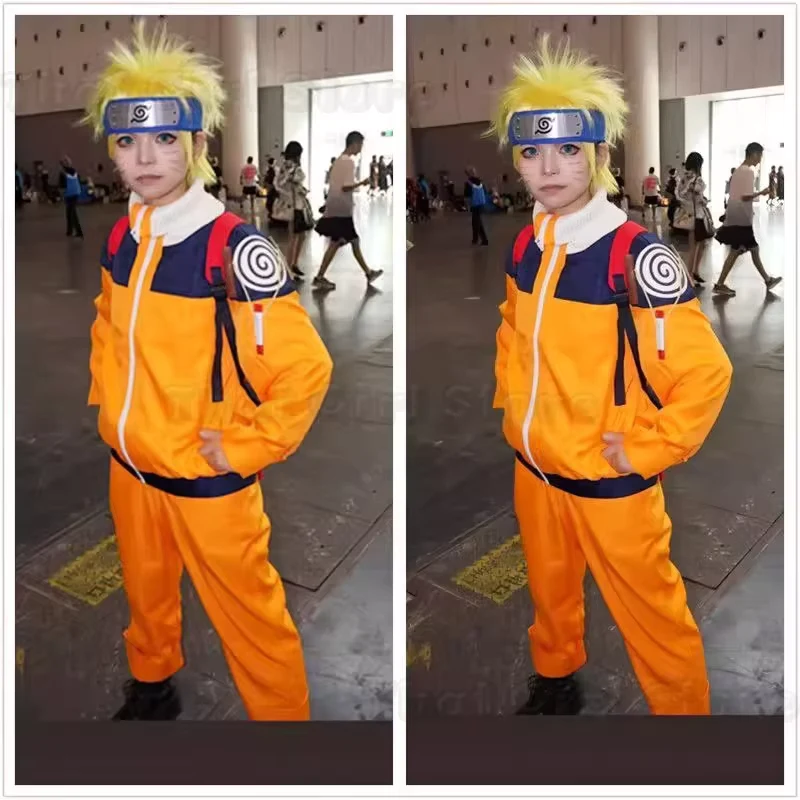 Anime Uzumaki Cosplay Costume Orange Clothes with Headband & Kunai Pouch Pre-Shippuden Genin Ninja Outfit Blonde Wig for Adults