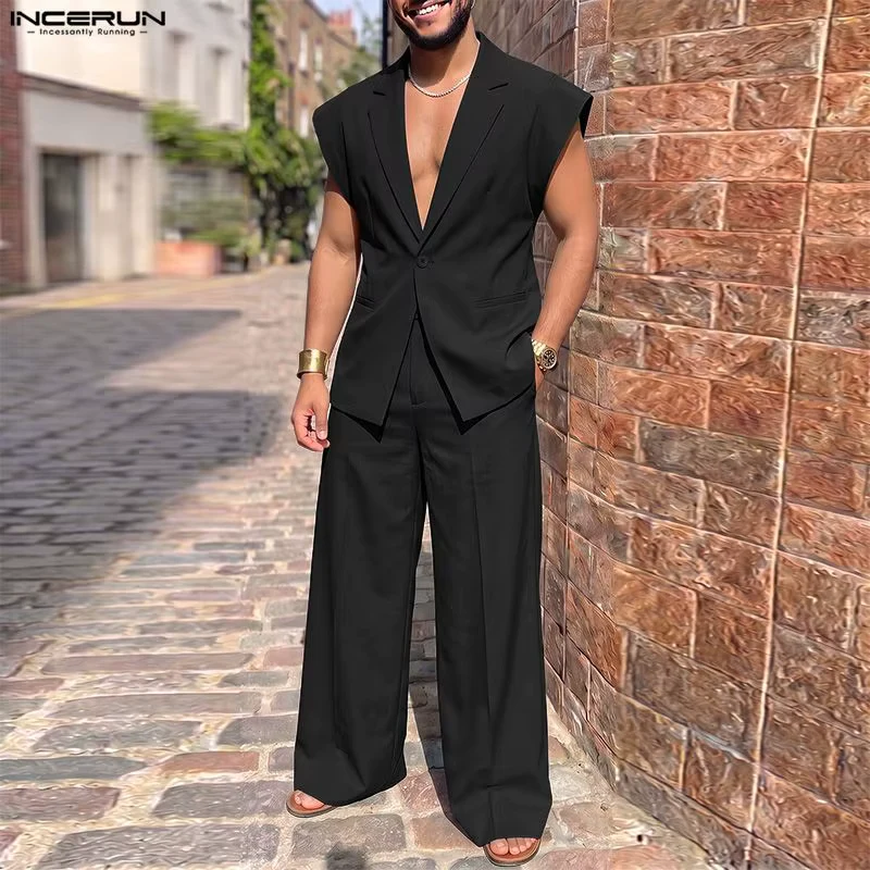 INCERUN Men Sets Solid Color Lapel Sleeveless Blazer Vests Pants Two Piece Sets Streetwear Tracksuits Fashion Men Matching Sets