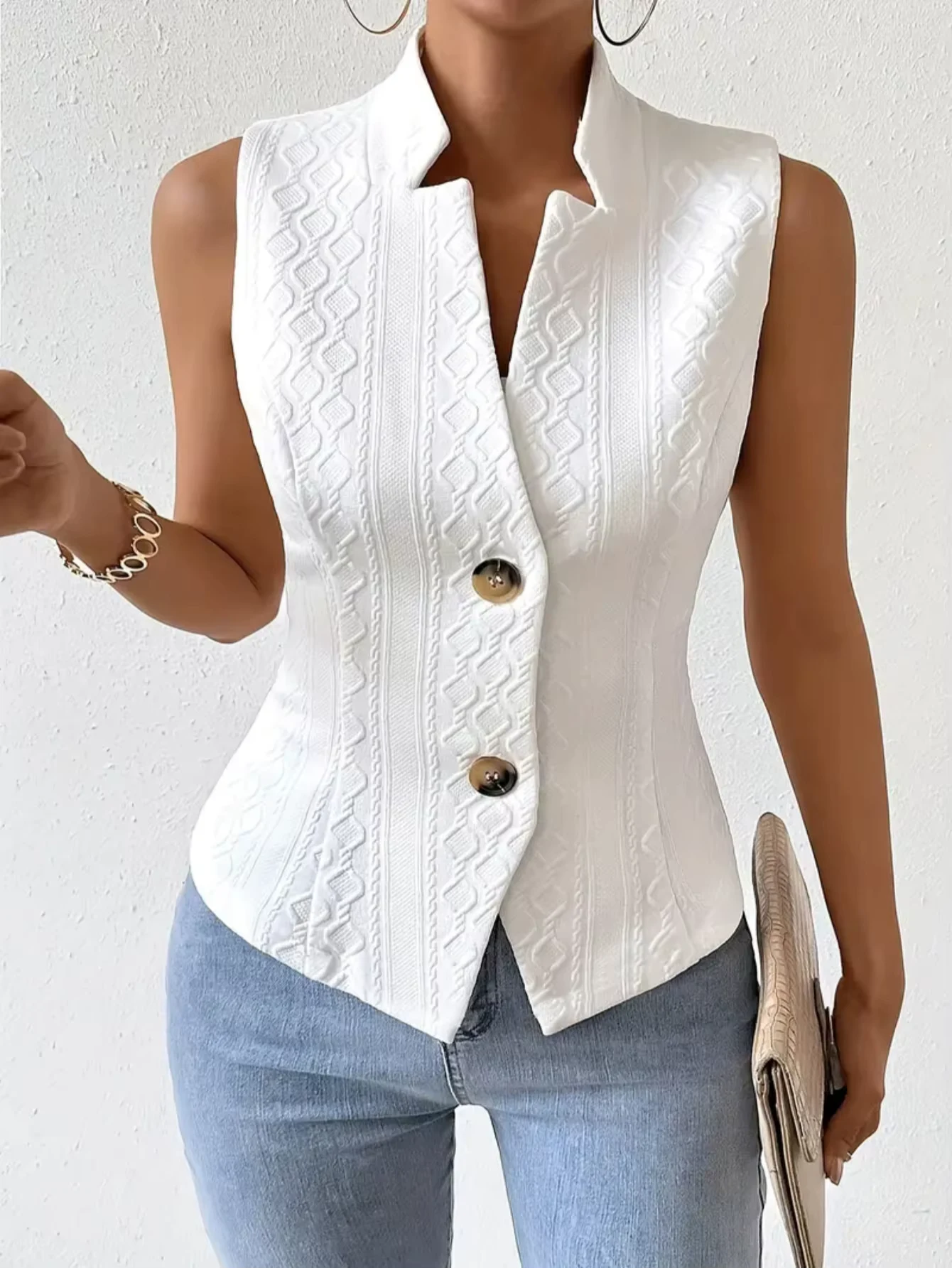 Women's Elegant V-Neck Sleeveless Blazer Vest Solid White Textured Button-Down Slim Fit Waistcoat Top