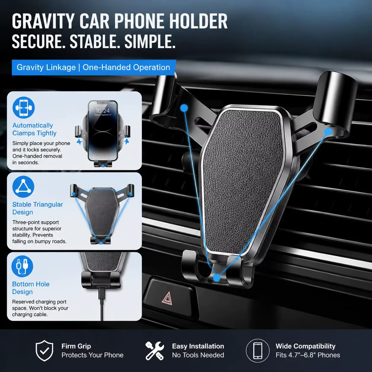 Gravity Car Phone Holder Air Vent Clip Mount Universal Auto Lock Anti Shake Hands Free Cradle Navigation Cell Phone Holder for Samsung Galaxy S20 S21 S22 S23 S24 Note Ultra Android Smartphone Car GPS Mount Bracket Automotive Accessories