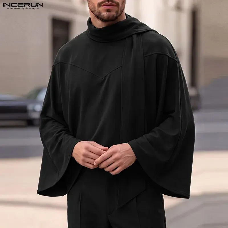 INCERUN Men's Sweatshirts Solid Cloak Cape For Man Long Sleeve Scarf Collar Streetwear Autumn Winter Fashion Ponchos Hoodies