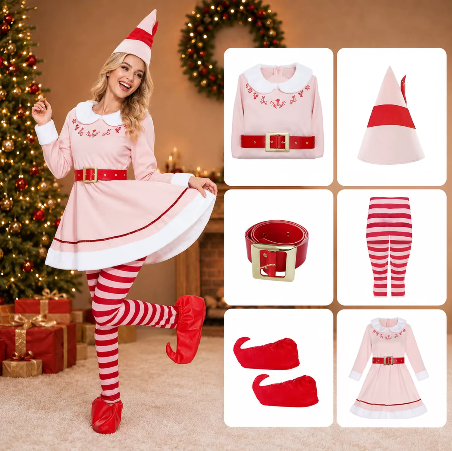 Elf Costume for Women Christmas Elves Outfit with Hat & Accessories,Halloween Christmas Cosplay Costumes for Adults