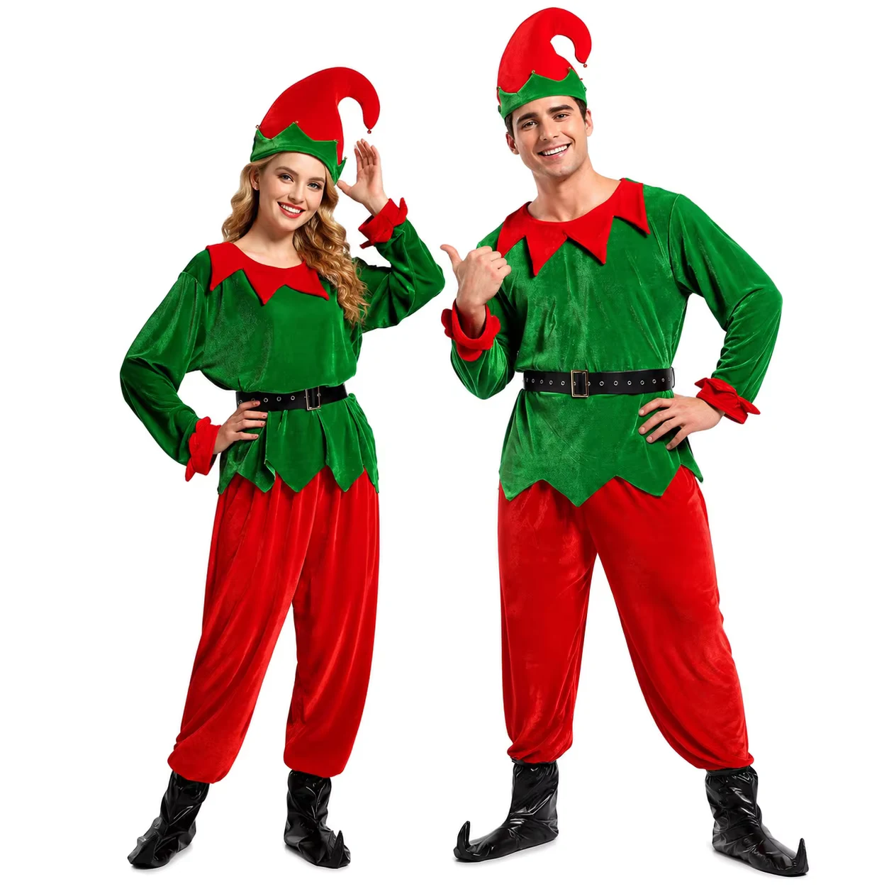Adult Unisex Elf Costume,Christmas Fancy Costume,Green Top, Red Pants, Belt, Hat, Shoe Covers. (Size: S,M,L,XL,XXL)