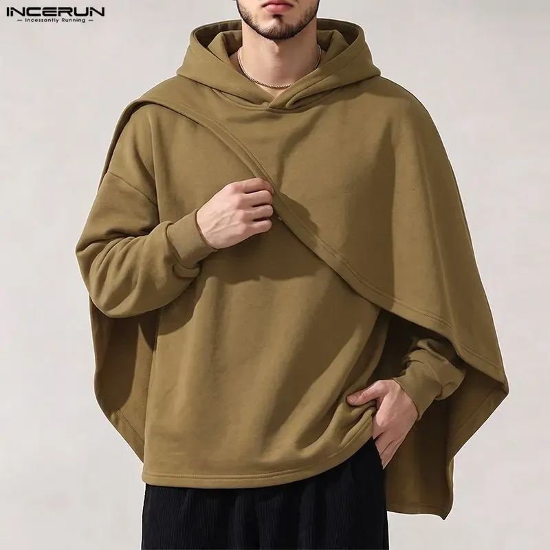 Men's Hoodies Ponchos Solid Color Hooded Long Sleeve Irregular Sweatshirts For Man Loose Stylish Casual Cape INCERUN Streetwear