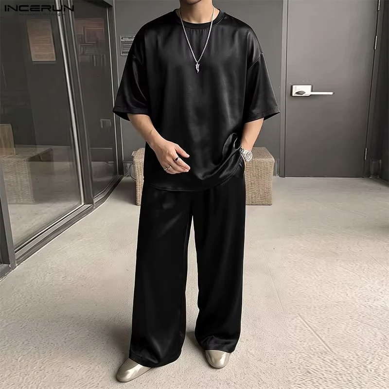 INCERUN Men's Sets Solid Loose Shiny Short Sleeve T Shirt Pants Two Piece Sets Tracksuits Streetwear Fashion Men Matching Sets