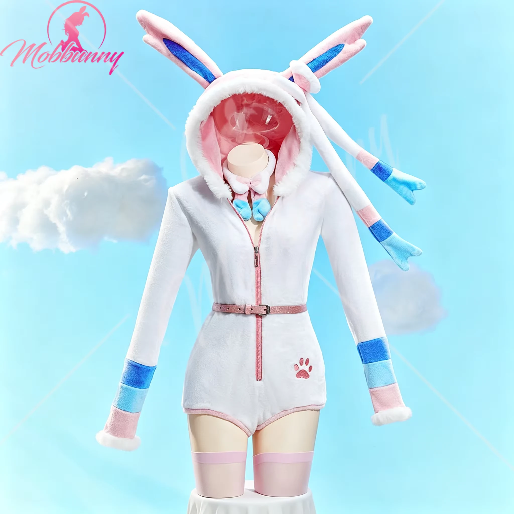 Mobbunny PM Derivative Sexy Fluffy Hooded Bodysuit Deep V Kawaii One Piece Romper with Choker and Socks Cosplay Costume