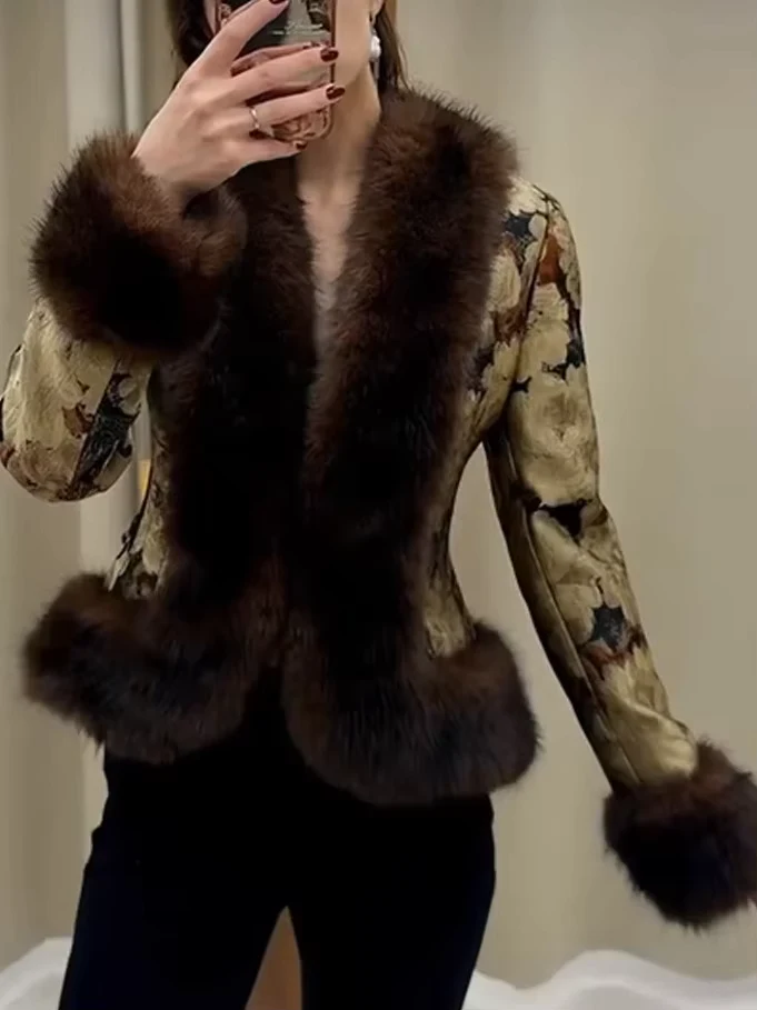 Floral Jacquard Faux Fur Trim Jacket Women V Neck Single Button Long Furry Cuff Cropped Coats Winter Fashion Vintage Party Coat