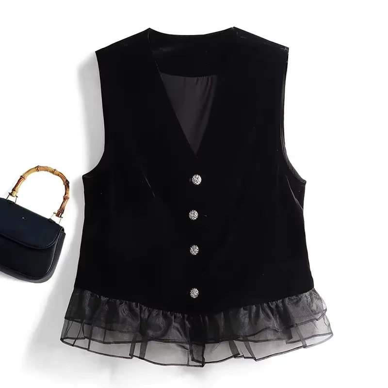 Women's Gold Velvet & Lace Sleeveless Vest