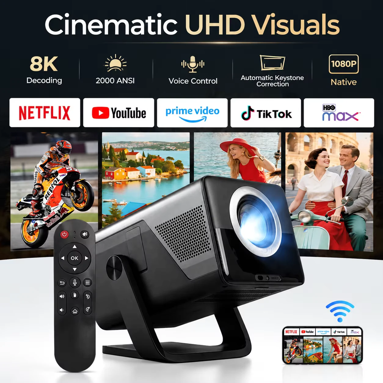 Lyncast 8K Support HD 1080P Auto Focus 2000ANSI Projector 5W Speaker Android 14 WiFi6 BT5.4 Outdoor Home Theater Projectors X7