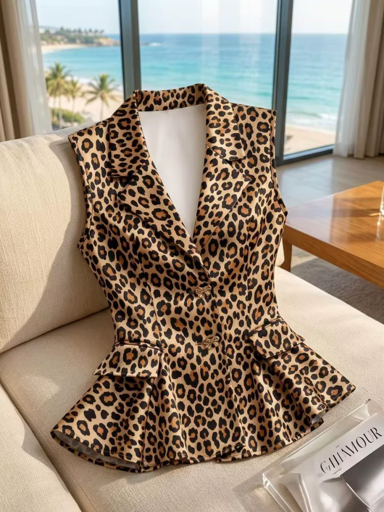 Sleeveless Vest Lapel Collar Leopard Print Double Breasted Pocket Peplum Hem Waistcoat Outfit For Women Street Club Daily Trendy Stylish Wear