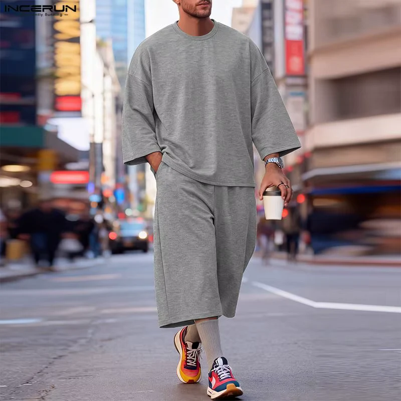 INCERUN Men's Sets Solid Loose Casual 3/4 Sleeve T Shirt Pants Two Piece Sets Streetwear Fashion Men Matching Sets Tracksuits