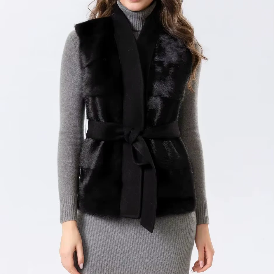 Real Mink Fur Vest with 100% Wool Back Autumn Winter Warm Elegant Waistcoat for Women Sleeveless Jacket V-Neck Length 64 Cm30408
