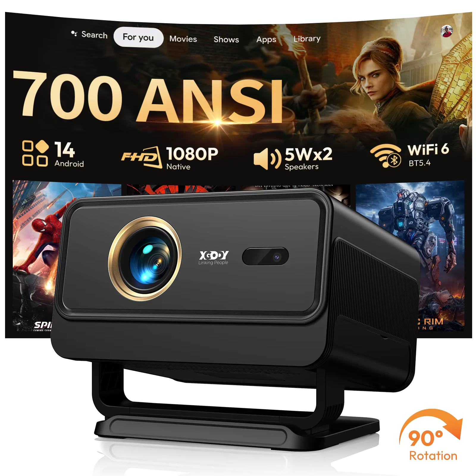 XGODY Portable Smart Projector 700ANSI Native 1080P 8K Decoding Android14 Auto Keystone WiFi 6 Bluetooth5.4 Smart Home Cinema Movie Projector for Bedroom Outdoor Camping