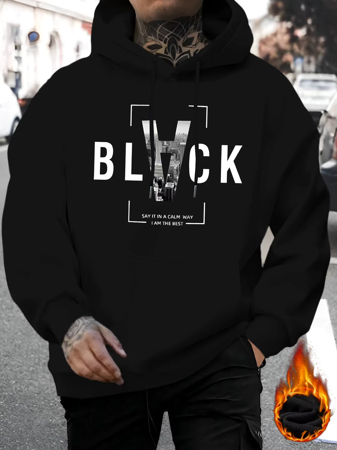 Spring and Summer Men's New Black Calm Say IAM THE BEST Letter Printed Casual Hoodie Fashion Drawstring Hoodie Autumn and Winter Top Comfortable Versatile Long Sleeve Hoodie with Hood (Bull King Selection)