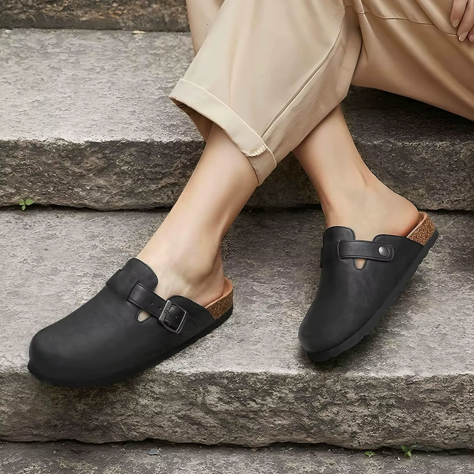 Litfun Cork Footbed Clogs Vegan Leather Mules Comfortable Anti-slip Cork Sole Slippers with Arch Support Potato Shoes Outdoor