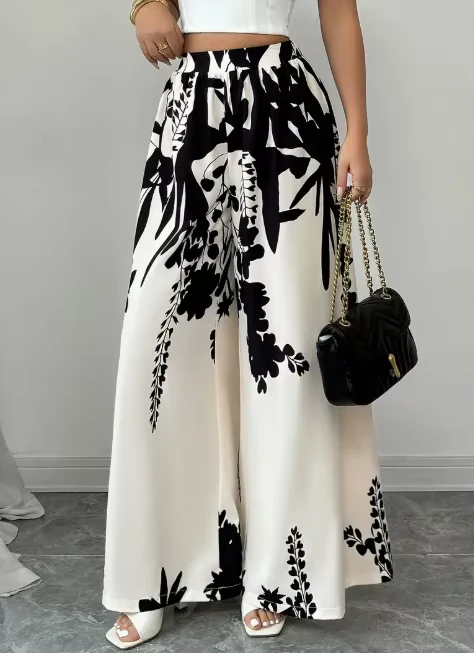 Women Black Ink Floral Print Wide Leg Pants Elastic High Waist Silky Satin Palazzo Trousers Summer Vacation Casual Loose Long Pants Beach Bottoms Vestidos