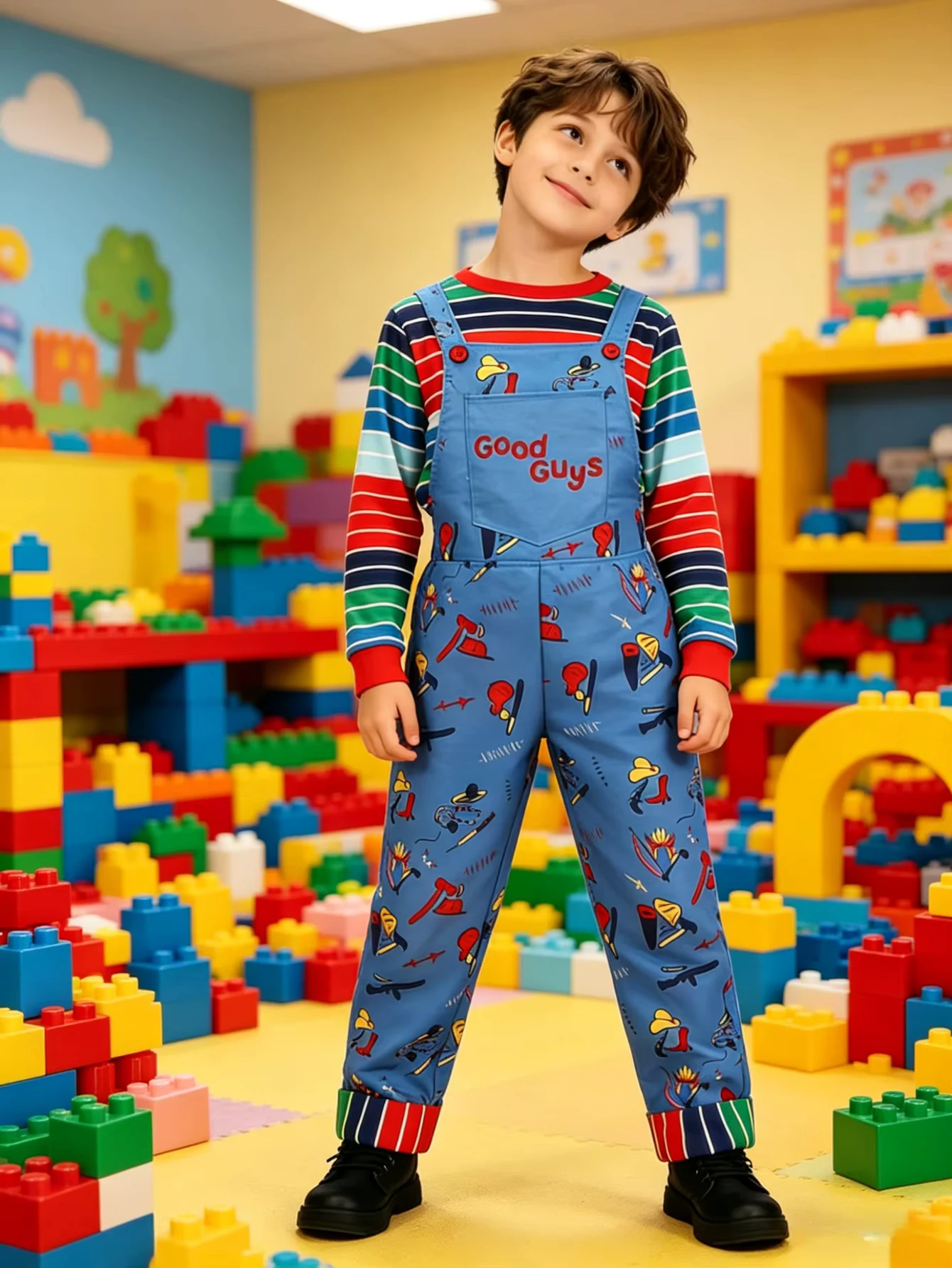 Boys Halloween costume set includes colorful striped long sleeve top and printed blue overalls, perfect for kids themed party, cosplay and stage performance dressing up.