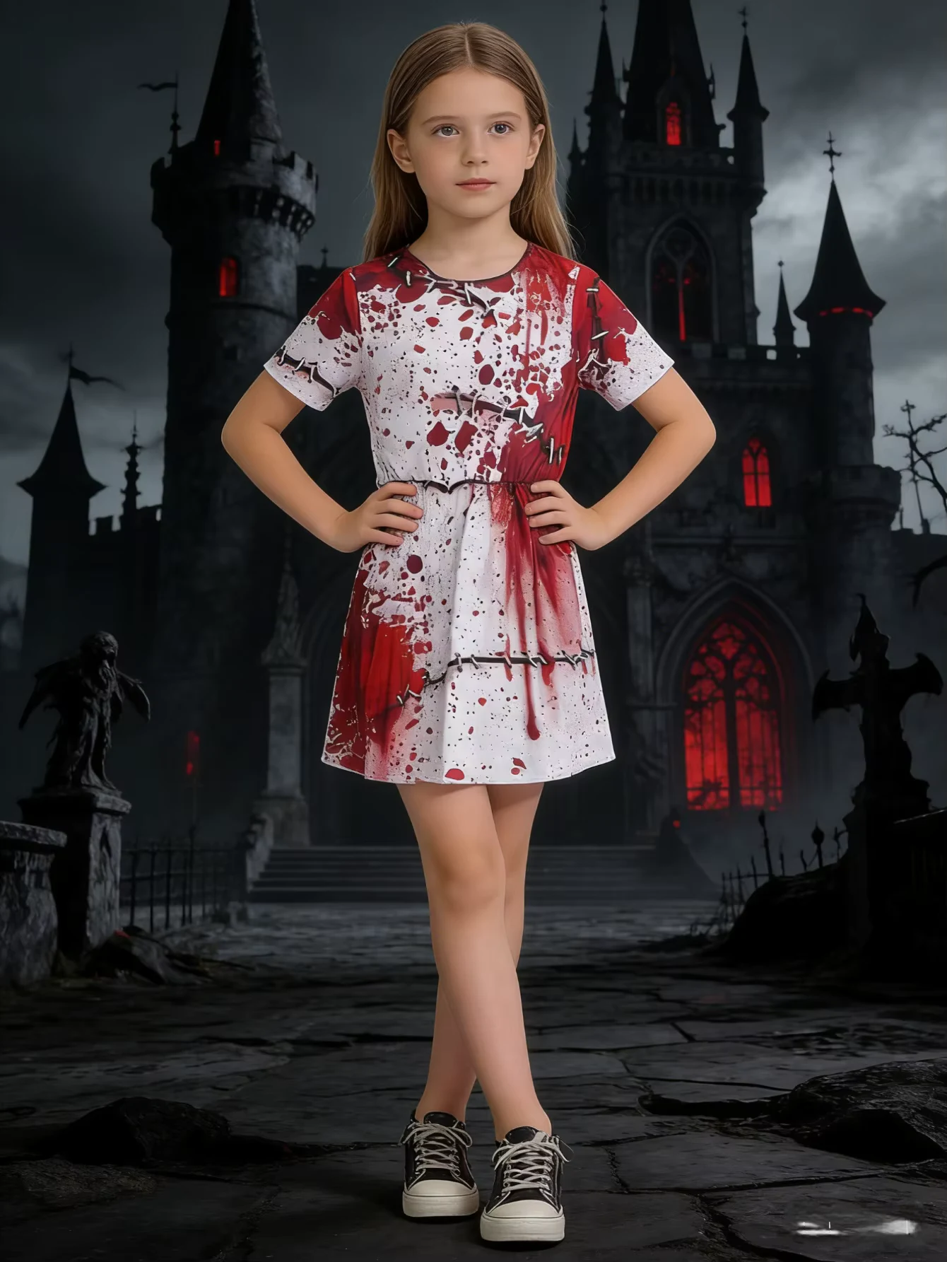Girls' Halloween horror themed printed midi dress, creative blood splatter and suture pattern design for fancy dress cosplay events