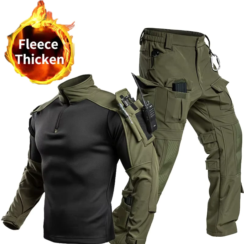 Men Winter Fleece Lined Tactical Suit Half Zip Long Sleeve Shirt Multi Pocket Cargo Pants Set Warm Thickened for Hiking Camping