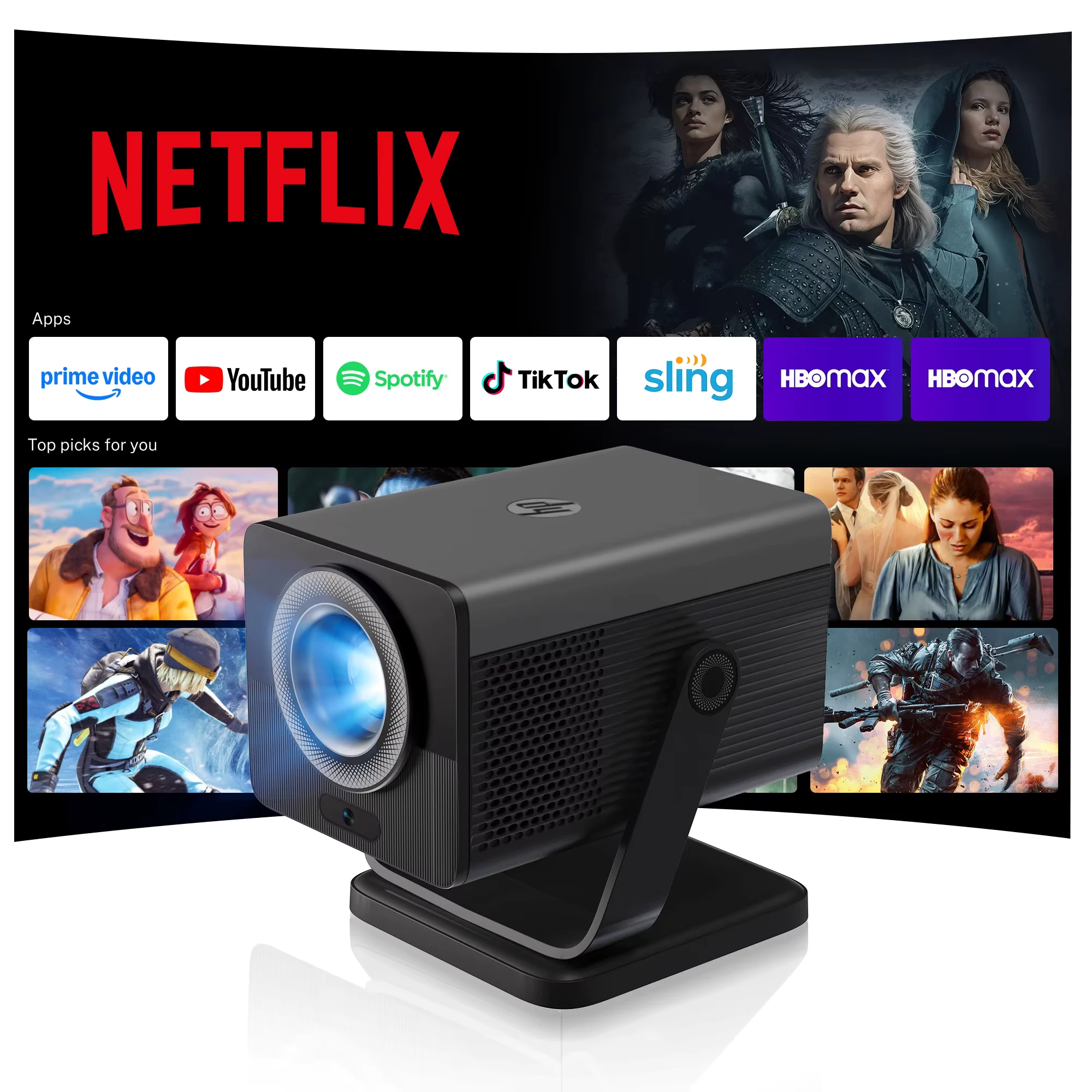 [Officially-Licensed Ap]HP MC450 Projector FHD 720P Allwinner H726 Android 14 Dual Wifi6 BT5.4 Home Cinema Beamer Outdoor Video