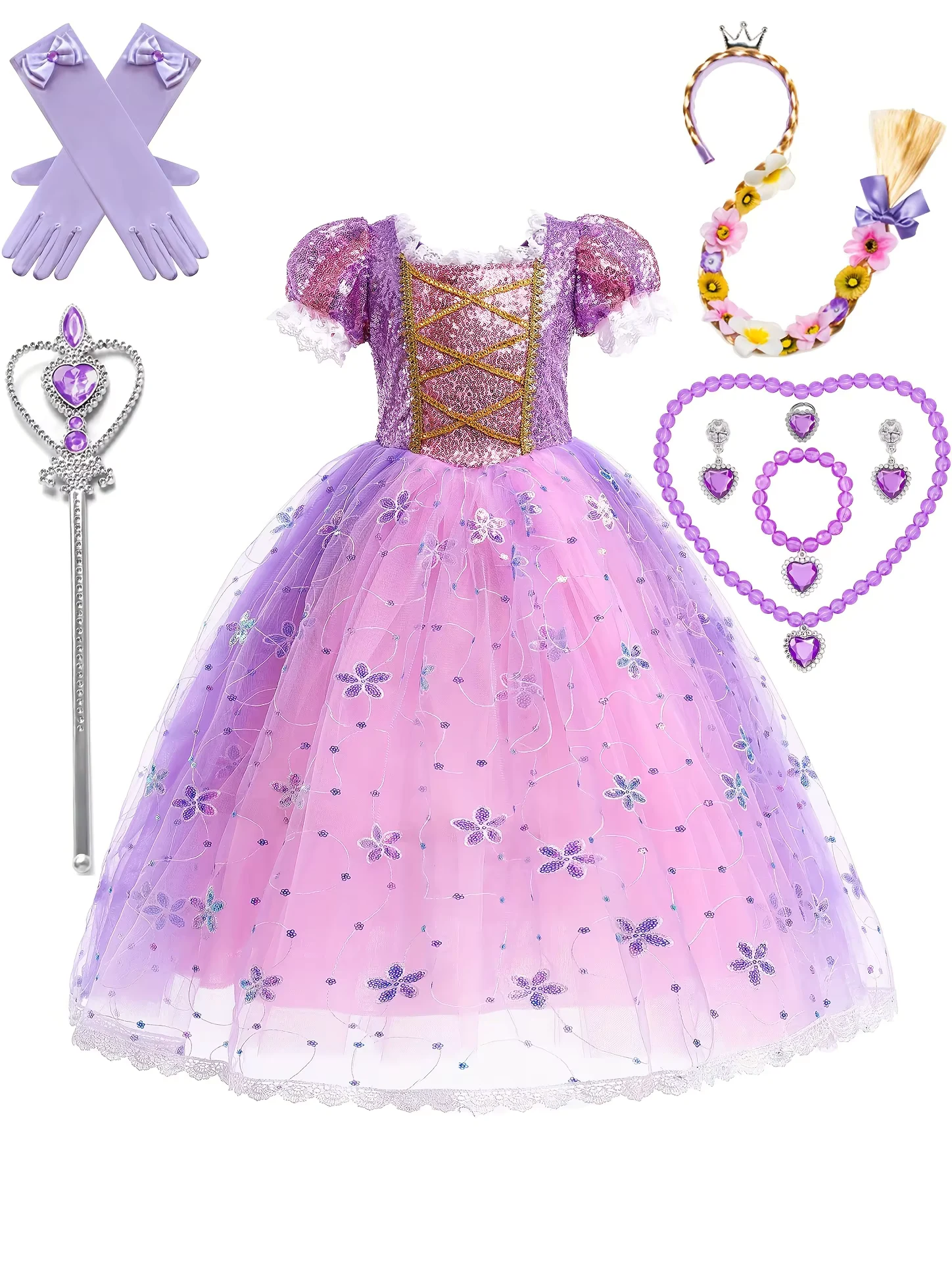 Girls' Sparkling Purple Princess Party Dress with Floral Sequin Detailing - Elegant Tulle Skirt for Birthdays, Halloween, and Special Occasions, Princess Dresses for Girls