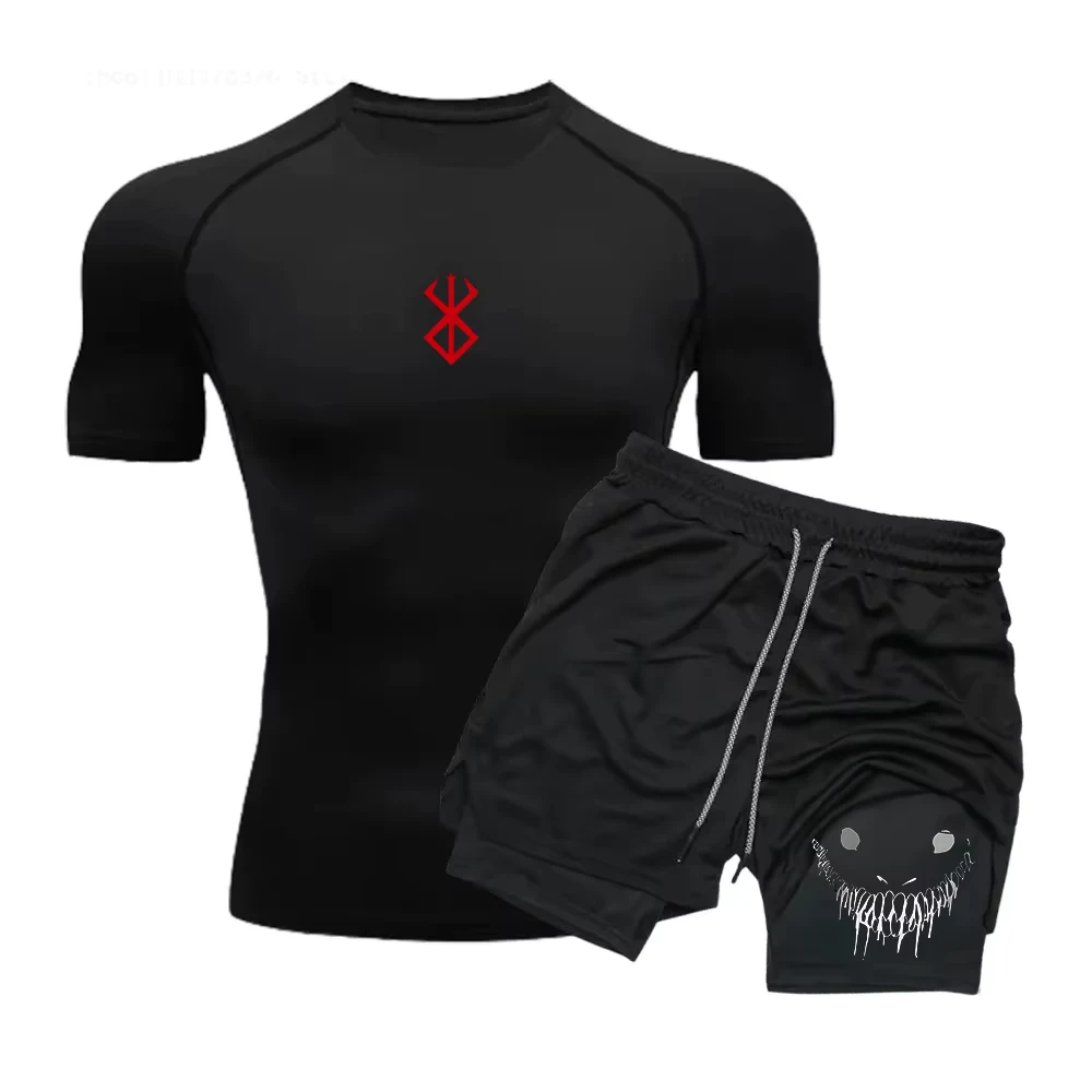 Men Compression Athletic Fitness Wear - Quick-Dry Tight Short-Sleeve Anime Double-Layer Shorts Summer Set Fitness Running Set