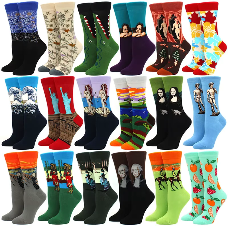 1 pair Hot Sale Classic Autumn Winter Retro Women Personality Art Van Gogh Mural World Famous Painting Female Sock Oil Socks