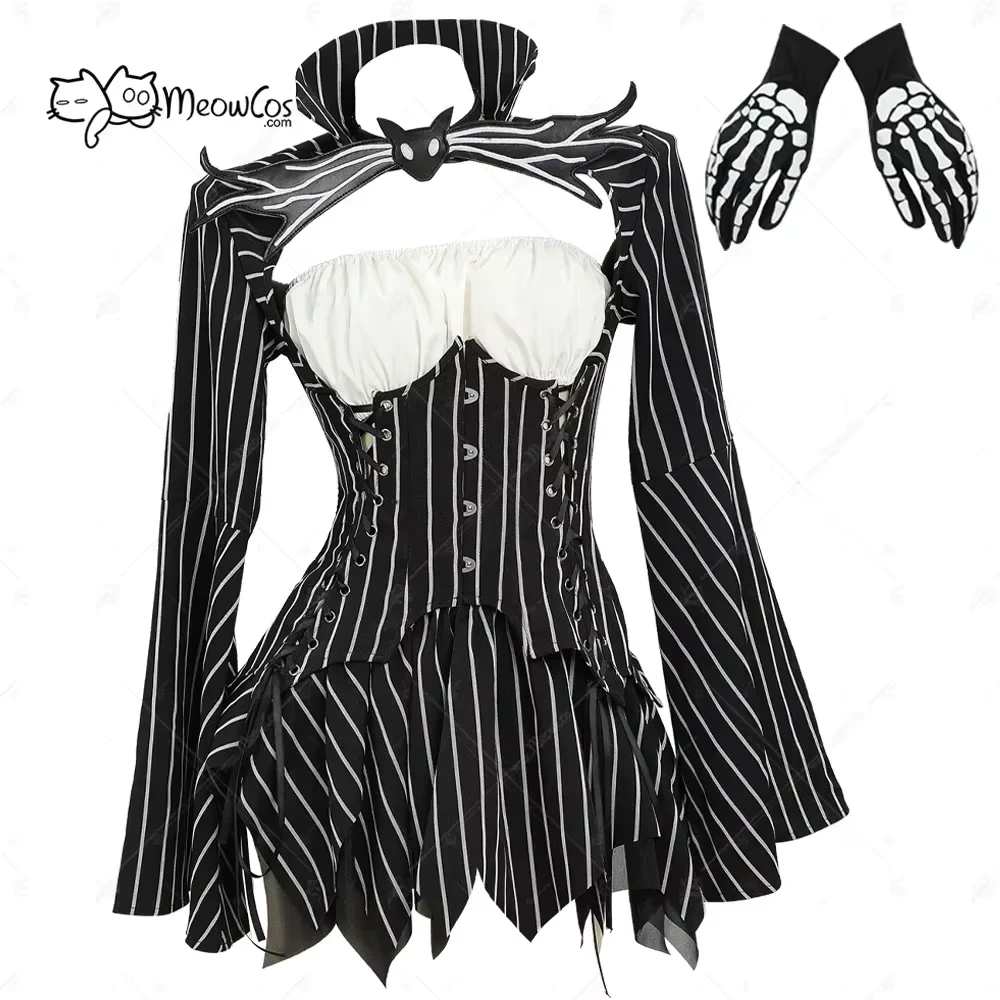 MEOWCOS Women's Jack Cosplay Costume Halloween Gothic Long Sleeve Top with Skirt and Gloves
