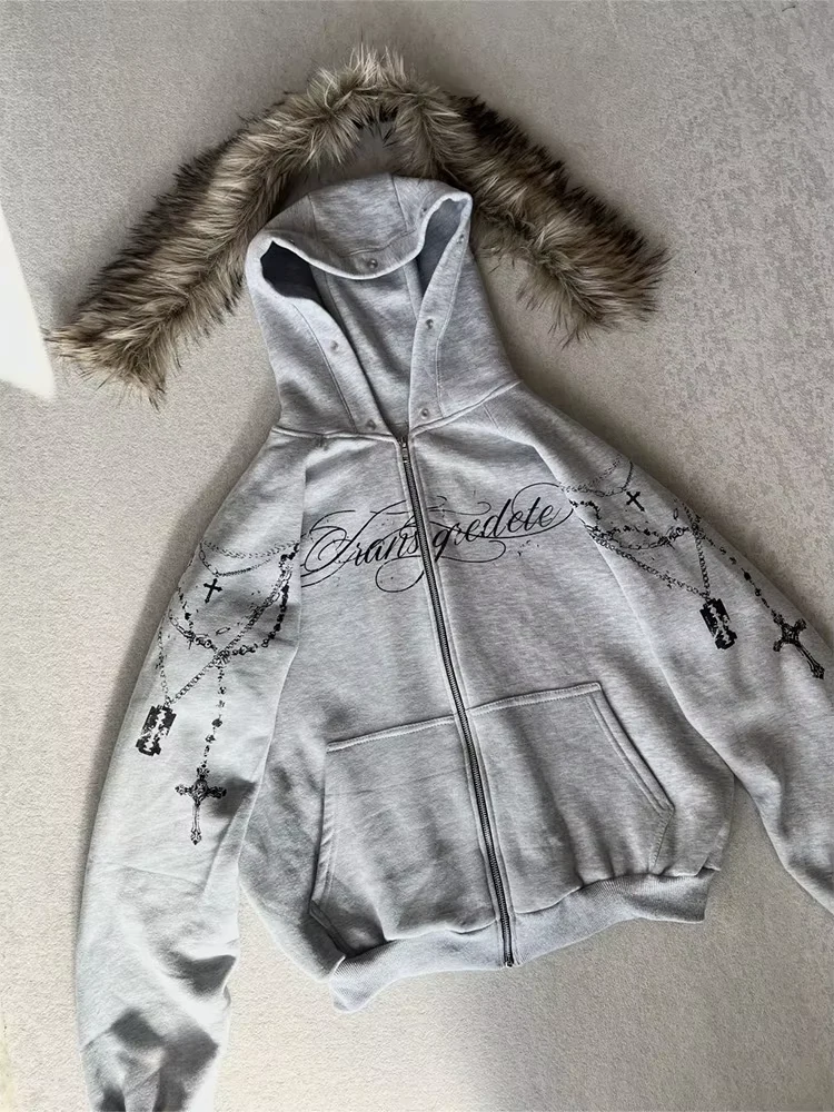 Winter Fashion Streetwear Women's Gothic Punk Faux Fur Hooded Jacket With Cross Print Trendy Edgy Zip - Up Sweatshirt 2026 New