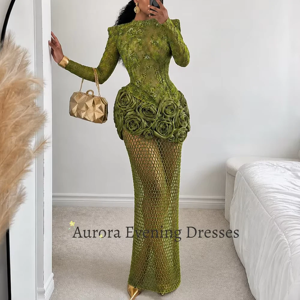 Aurora Fashion Green High Neck Sequined Lace Formal Evening Gown for Women 2026 Handmade Flowers Mermaid Long Gowns