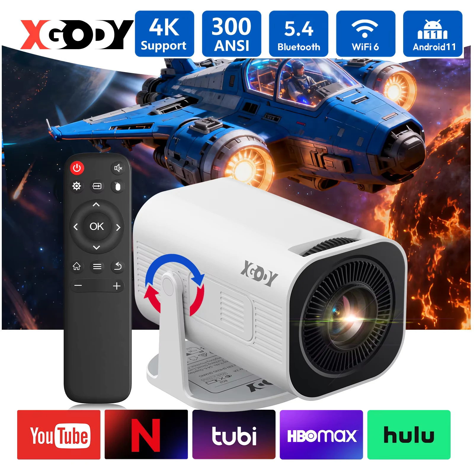 XGODY Gimbal 3 Pro Mini Portable Projector, 300 ANSI, Native 720P, 4K Supported, Android 11, WiFi 6 & BT 5.4, Auto Vertical Keystone Correction, 120 Inch Large Screen Projector for Backyard Travel Movies Gaming, with HDMI USB Ports