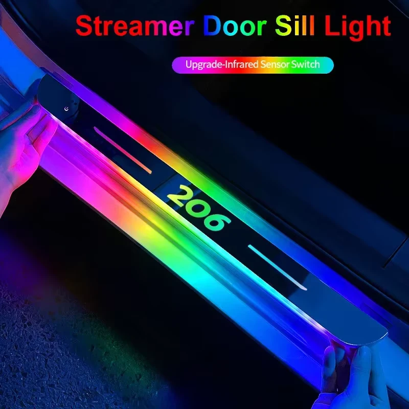 For Peugeot 206 Logo Door Sill LED Atmosphere Light Acrylic Welcome Threshold USB Illuminated Pedal Protector Car Accessories