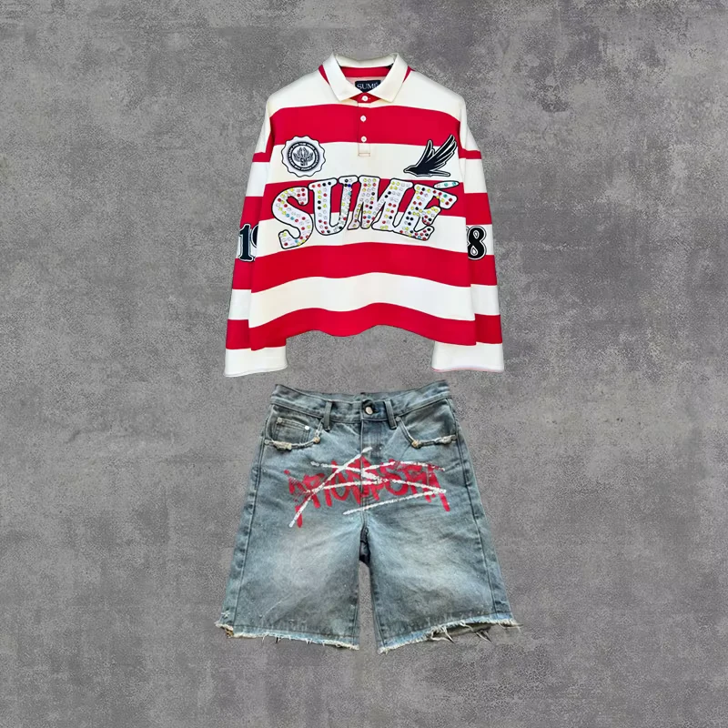 2 Pcs Shirts Co-ords Sume Rugby Diamond Embroidery Stripe Polo Shirt Y2K Retro Classic Unisex Oversized Long Sleeved Shirts Sets