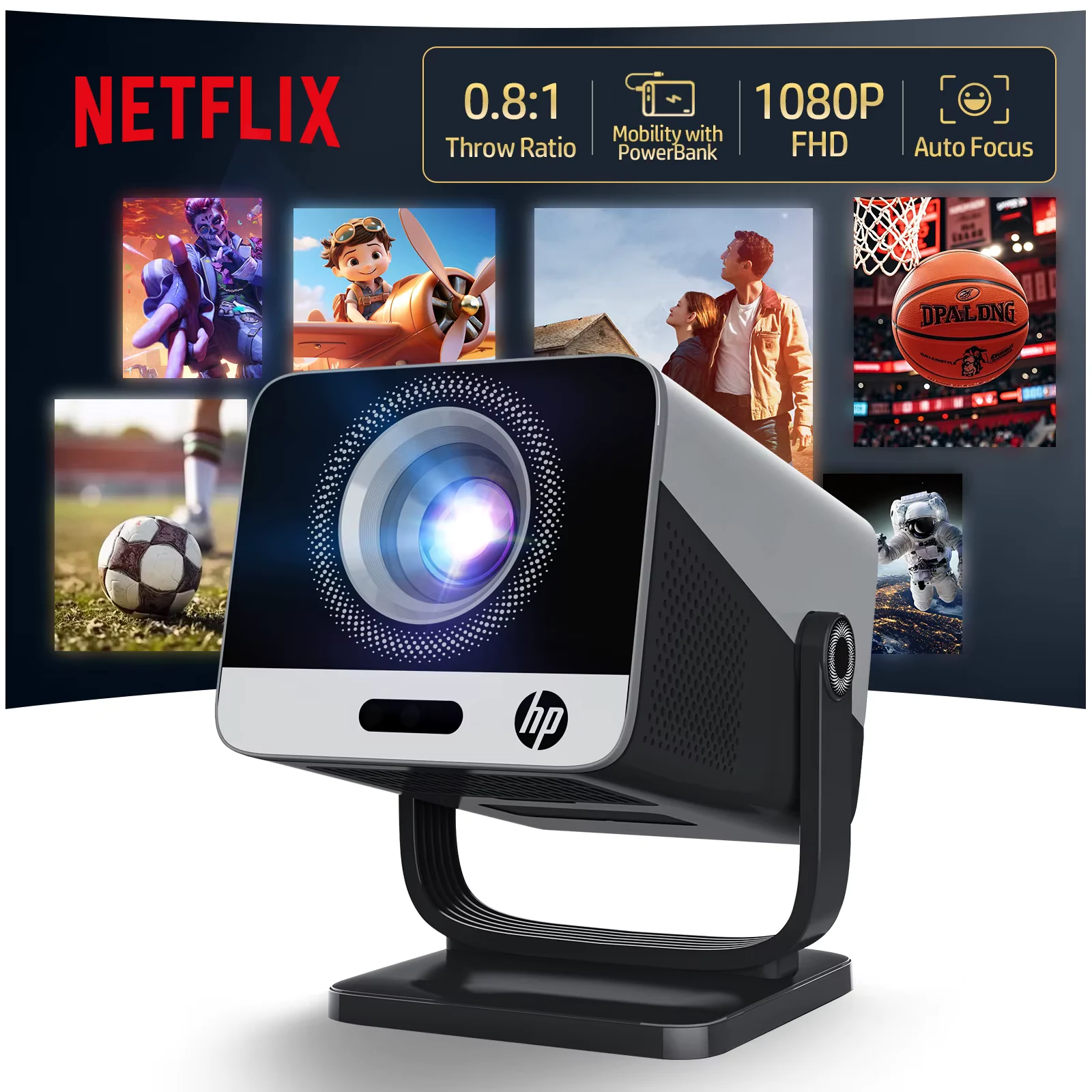 [Officially-Licensed App]HP MC475 Projector，AI Ready, FHD108P Allwinner H726, Dual Wifi6 BT5.4 Home Cinema Beamer Outdoor Video