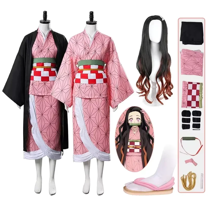 Anime Kamado Nezuko Cosplay Costume Costumes Kimono Haori Wig Suit For Adult Children Hallow