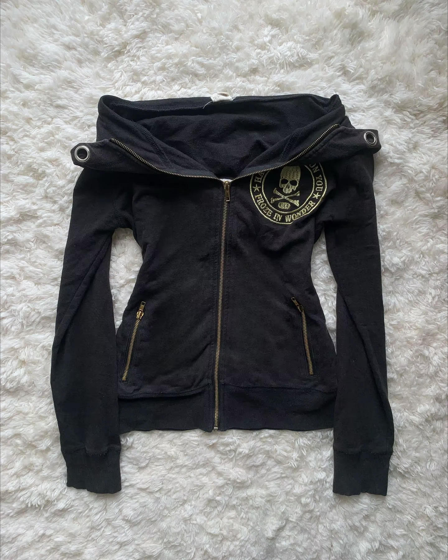 Y2K Retro Zipper Hoodies Women Harajuku Sexy Slim Fit Sweatshirt Autumn Skull Graphic Embroidery Hooded Jacket Gothic Clothing