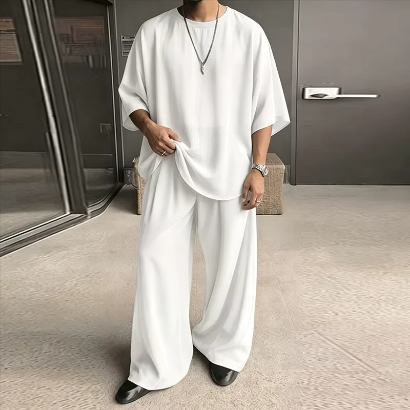 INCERUN Men's Sets Solid O-neck Short Sleeve T Shirt Pants Two Piece Sets Streetwear Loose Casual Tracksuits Men Matching Sets