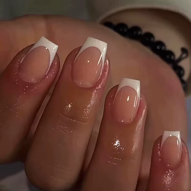 24pcs ultra-short ballet pink French press-on nails with white edges, includes glue and file, ideal for parties, dance events, d