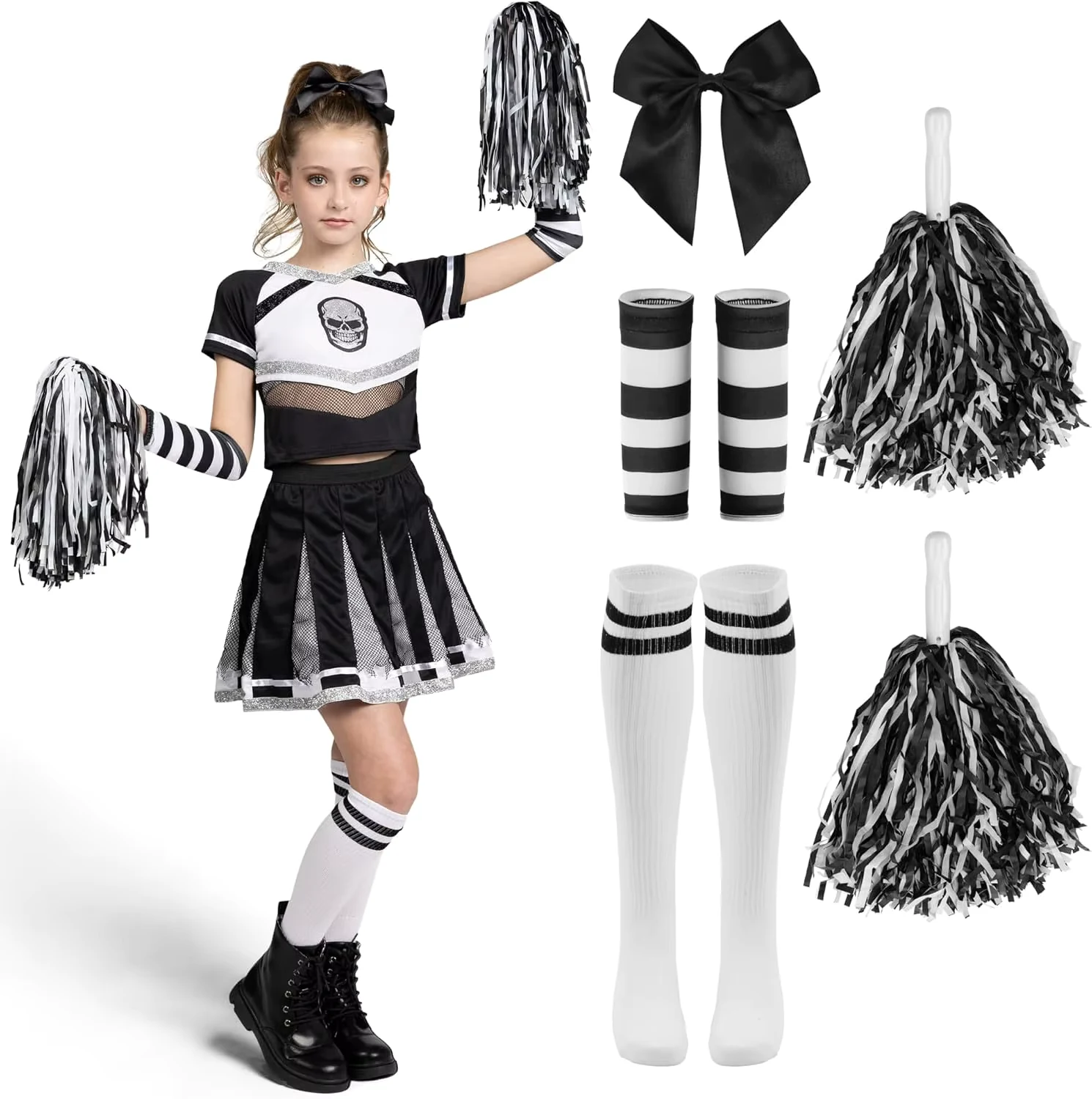Spooktacular Creations Halloween Cheerleader Costume Girls Bad Spirit Costume for Kids Skull Scary Outfit with Accessories