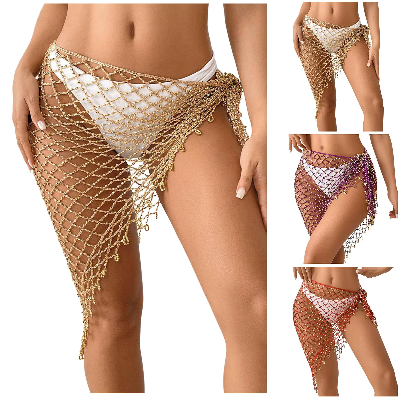 Women Triangle Shawl with Seashell Sexy Bikini Cover Up Sunscreen Nets Skirt Mesh Tunic Pareo Beachwear Sexy Beach Skirt